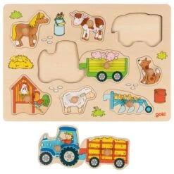 Goki Houten Noppenpuzzel Boerderij+Traktor -Overdekte Speelgoed Winkel goki 57468 noppenpuzzel traktor met aanhangwagens