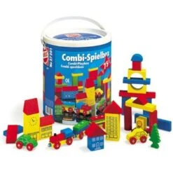 Blokkenset HEROS Combi-speelbox 75-delig -Overdekte Speelgoed Winkel houten blokken combi in ton heros 27201 1 1